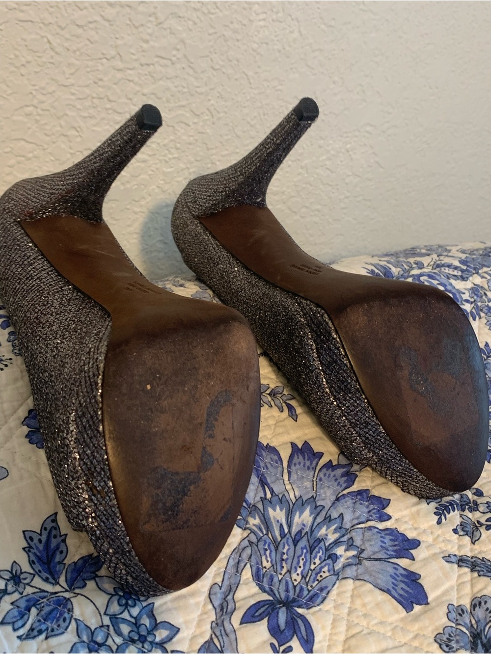 Vera Wang Metallic Pewter Glitter Peep-Toe Heels - Picture 3 of 9